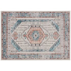 4x6 Area Rug, Vintage Machine Washable Rug, Non-Slip Floor Carpet for Living Room, Bedroom, Dining Room, Brown and Blue