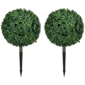 Artificial Boxwood Trees w/ Ground Stake, Set of 2 Ball Shaped Topiary Trees for Home Office & Living Room, UV Resistant