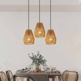 7inch Set Of 3 Rustic Hemp Rope Pendant Light, Handcrafted Farmhouse Hanging Light Fixture, Adjustable Height Ceiling Lamp For Kitchen Island, Di (Option: Wood)